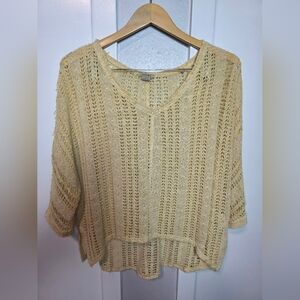 ANAMÁ Yellow Textured Knit V-Neck Sweater Small Boho Dolman High-Low